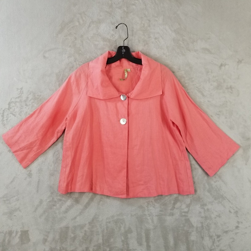 Comfy USA Linen Jacket Womens Small Coral Button Front 3/4 Sleeve Boxy Lagenlook
